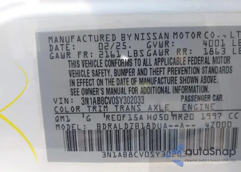 2025 Nissan Sentra Sv z USA, uszkodzony, nr VIN 3N1AB8CV0SY302033